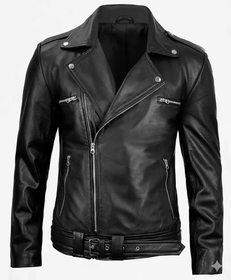 Chaqueta de cuero estilo motociclista con cinturón asimétrico negra Negan para hombre Foto 1 de 4