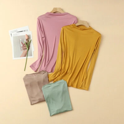 Camiseta Top Mujer 100% Seda Morera Tejida Cuello Medio Manga Larga Foto 1 de 4