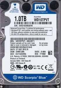 WD10TPVT-00U4RT1 WD dcm: EHMTJBN DEC/2012 s/n: WXD1EA Thailand 1TB SATA 2.5" - Picture 1 of 3