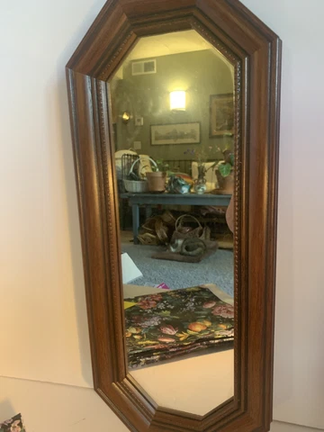 Vtg Octagonal Wall Mirror~Faux Mahogany Wood ~Hollywood  Regency~18” Tall / Wide Cover