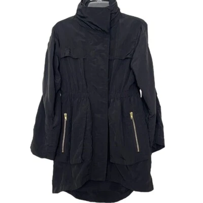 Gabardina Millard Fillmore negra chaqueta de lluvia de nailon sudadera con capucha oculta cremallera dorada XS Foto 1 de 4