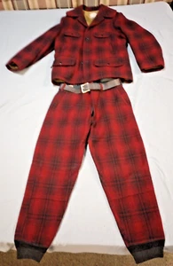 Vintage Carter's Wool Hunting Suit Red Buffalo Plaid Jacket Pants Set 1940-50's - Picture 1 of 22