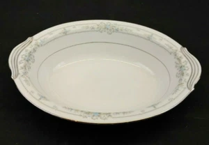 Noritake China Bellfleur 10 1/2" Oval Serving Bowl White Blue Gray, Silver Trim - Picture 1 of 11