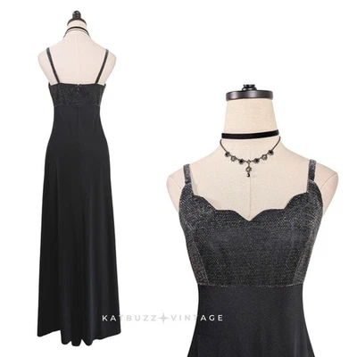 Betsy Adam Prom Dress Maxi Gown 8 Black Silver Vintage 90s Y2K Goth Glam Empire - Image 1 of 4