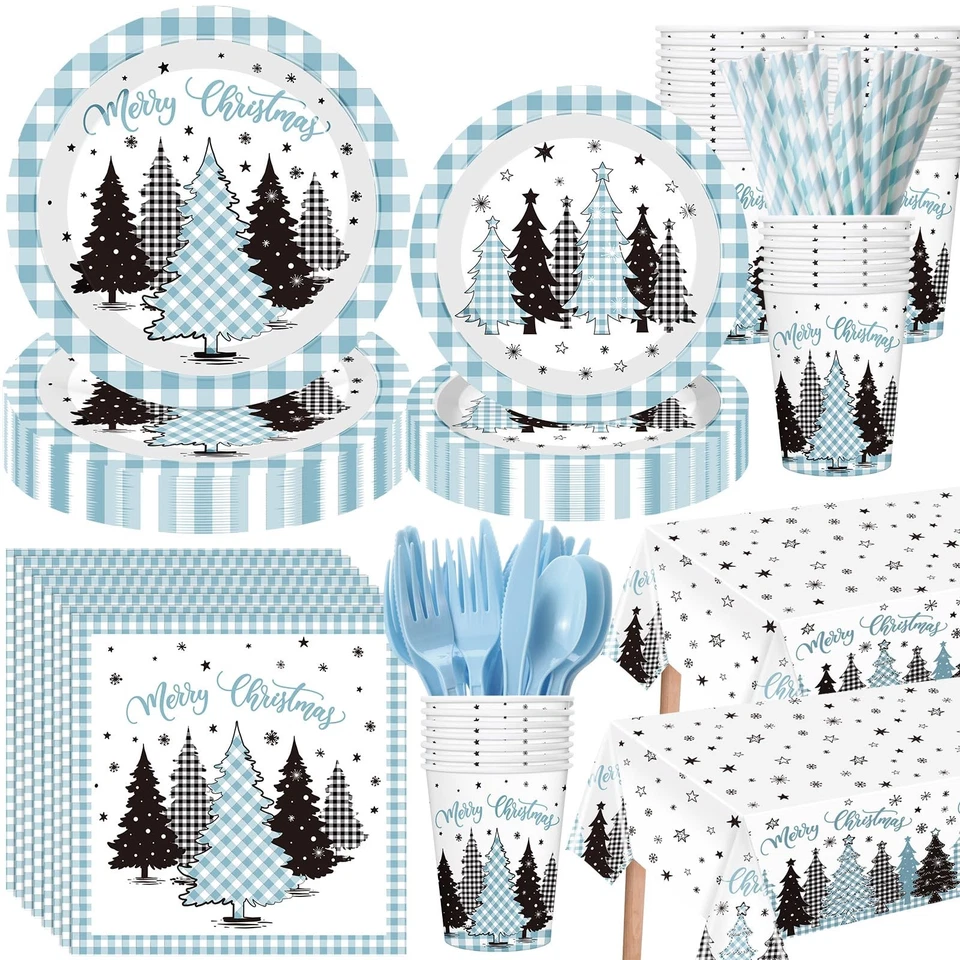 452 Pcs Light Blue Christmas Party Supplies for 50, Plaid Gingham Tree Blue C... - Image 1 of 4