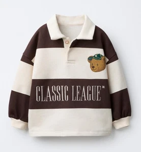 ZARA KIDS BNWT 2025 ECRU BROWN STRIPED POLO SHIRT EMBROIDERED BEAR. 5431/572 - Picture 1 of 3