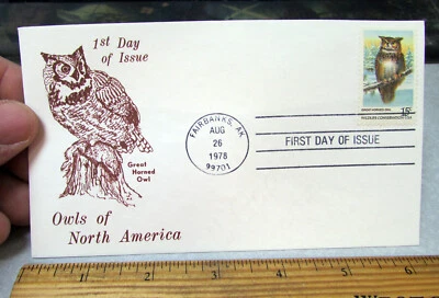 1978 Owls FDC first day cover USA stamped envelope Fairbanks Alaska Great Horned - Image 1 of 2