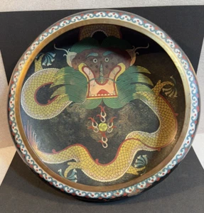 Chinese Cloisonne Dragon Chasing Pearl 10"x3" Bowl 19th Century (Damaged) - Picture 1 of 13