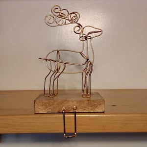 Crate & Barrel Copper Tone Wire Deer on Wood Christmas Mantle Stocking Hanger - Picture 1 of 9