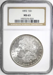1892 Morgan Silver Dollar NGC MS63 - Picture 1 of 2