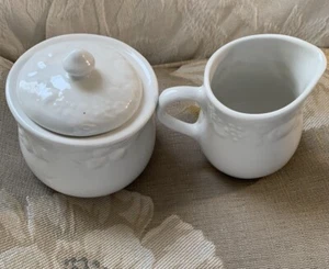 Gibson China Fruit Pattern Creamer & Sugar Bowl With Lid ~ White Embossed ~ NEW - Picture 1 of 5