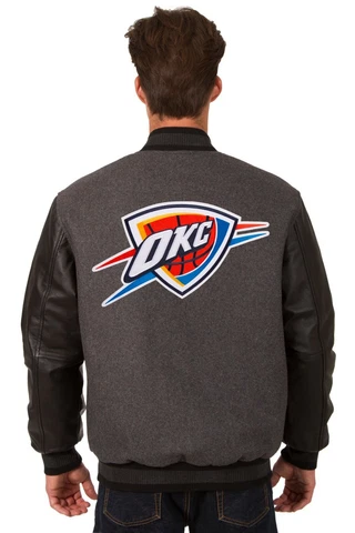 NBA Oklahoma City Thunder Wool & Leather Reversible Jacket Patches logo Gray Cover