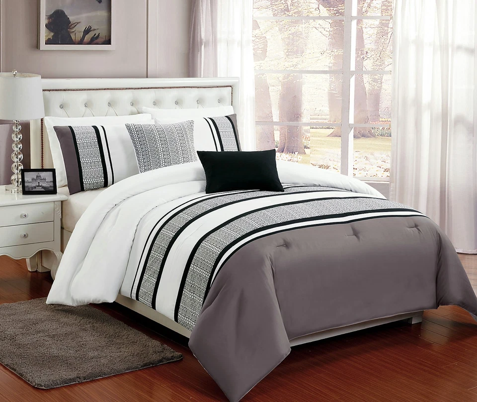 5 PC Grey, White & Black Comforter Set w/ Burnout Lace Design, Full Queen King - Image 1 of 1