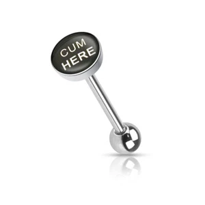 Tongue Ring Straight Barbell With "CUM HERE" Picture Logo Flat TOP 14G (B/6/6) - Picture 1 of 1