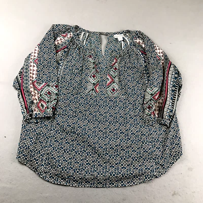 Soft Surroundings Blouse Womens Large White Blue Silk Geometric V Neck  Top - Image 1 of 4