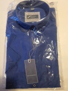 Men's 15.3/4" Eterna Slim Fit Short Sleeve Shirt Plain Mid Blue 2107/18 - Picture 1 of 7