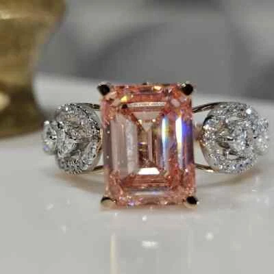 4.60 Ct Emerald Cut Lab Grown Fancy Vivid Pink Diamond Anniversary Ring 14K Gold - Image 1 of 4