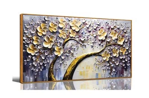 Large Canvas Wall Art Gray Gold Flower Tree Picture Large Framed Canvas Print... - Picture 1 of 7