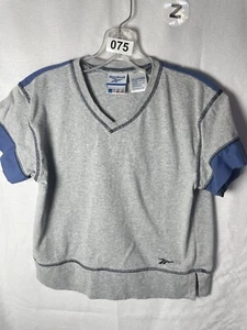 Reebok Vintage V Neck Shirt Gray     With Blue Trim Women's Size Medium 12 - Picture 1 of 3