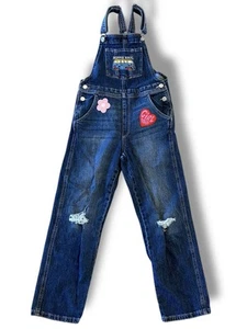 Upcycled Girls Denim HIPPIE Bib Overalls All Over Patches Distressed Stretch 10 - Picture 1 of 8