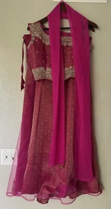 Indisches Damen Lahenga Kleid rosa mit goldenen Verzierungen siehe Details - Bild 1 von 23