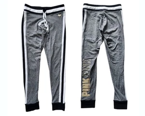 Victoria’s Secret PINK Yoga Campus Pants Sz M Gray Logo Stripe Bling Sequin Dog - Picture 1 of 12