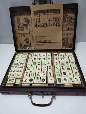 Portable Vintage Mahjong Rare Chinese 144 Tiles Mah-Jong Toy Leather Box  READ - Image 1 of 4