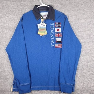 Napapijri Shirt Mens Blue Long Sleeve Polo Twin Pole International Flags - Picture 1 of 15