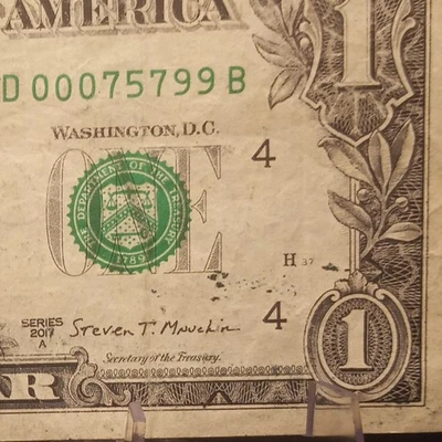 2017A $1 Low Fancy Serial Number/Ink Splatter D00075799B  - Image 1 of 3