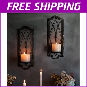 Elegant Set of 2 Black Gold Candle Sconces - Rustic Wall Decor for Homes - Picture 1 of 9