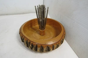 Vintage Nut Cracker Set Round Wooden Bowl with 4 Picks and Cracker 7.5" x 2.5" - Picture 1 of 6