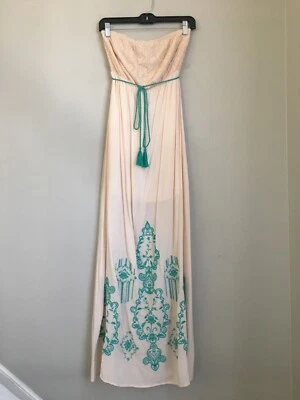 Maxi Vestido Flying Tomato Tirantes Mujer Medio Crema Verde Azulado Bordado Borla Cinturón Foto 1 de 4