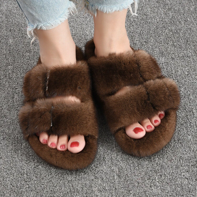 Sandálias chinelos femininos cobertas de pele de vison real sapatos internos e externos - Imagem 1 de 1