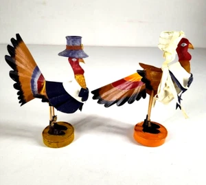 Vtg Mr & Mrs Pilgrim Turkey Taper Candle Stick Holders Hand Painted Metal - Picture 1 of 13