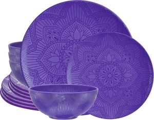12 Piece Melamine Dinnerware Set - Durable, Dishwasher Safe Purple Plates and Bo - Picture 1 of 12