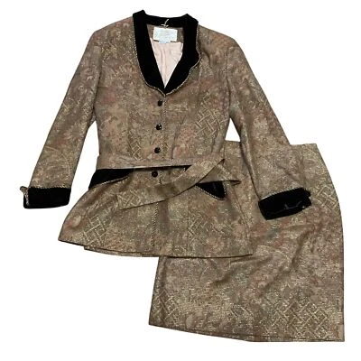 Traje Falda Vintage Rickie Freeman Talla 8 100% Lana Marrón Cinturón Brocado Mujer  Foto 1 de 4