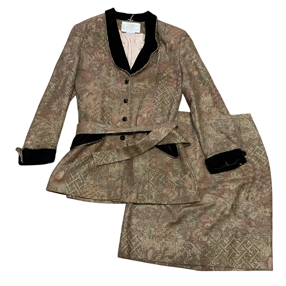 Traje Falda Vintage Rickie Freeman Talla 8 100% Lana Marrón Cinturón Brocado Mujer  Foto 1 de 4