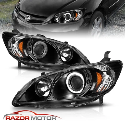 [LED Halo]For 2004 2005 Honda Civic Coupe/Sedan Black Projector Headlights Pair Foto 1 de 4