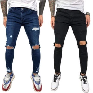 Men's Ripped Jeans Trendy Denim Pants with Elastic Feet Hot New Design Travel Je - Picture 1 of 17