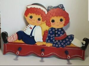 Raggedy Ann and Andy Wall Hook Coat Rack Hanging Decor Signed Vintage