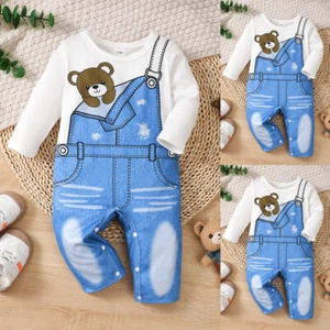 Newborn Baby Boys Bear Printed Romper Bodysuit Jumpsuit Outfit Infant Clothes - Picture 1 of 13