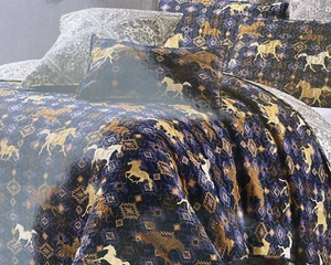 Navy Wild & Free Southwestern  horse theme 3 piece king size quilt set - Picture 1 of 3