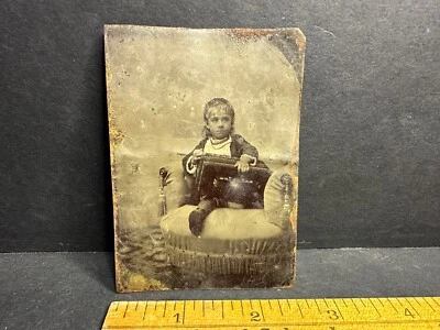 Tintype Photo, Child with Accordion, Musical Instrument - Image 1 of 3