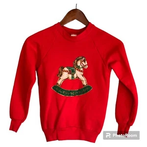Girl's Appliqued Christmas Rocking Horse Sweatshirt Size 10-12 Red Fruit Of Loom - Picture 1 of 8