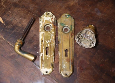 antique door knob brass backplate 12 point crystal knob hardware handle vintage  - Image 1 of 4