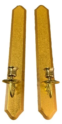 VTG Home Interiors Golden Wall Sconces, Wood & Brass Candle Holders, 19.5”H - Image 1 of 4