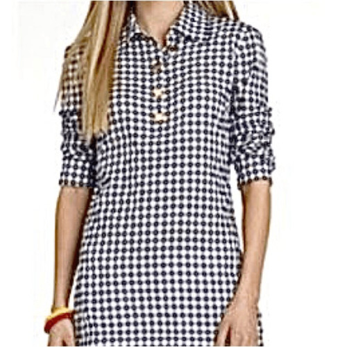 Tunica Gingham a quadri Tory Burch logo blu bianco bottoni oro. Taglia 4