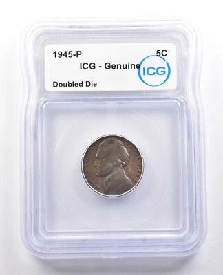 1945-P Jefferson Nickel Doubled Die Genuine ICG *0872 - Image 1 of 3