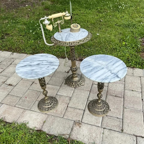 3 Pc Set Hollywood Regency Round Italian Marble Pierced Brass Tables Telephone Cover