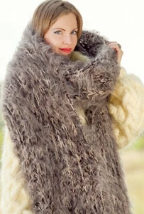 SUPERTANYA Brown beige fuzzy mohair scarf extra long shawl handknit neck warmer - Picture 1 of 7